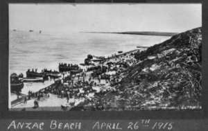 Anzac beach, Gallipoli.  Hampton, W A, fl 1915 :Photograph album relating to World War I. Ref: 1/2-168790-F. Alexander Turnbull Library, Wellington, New Zealand. http://natlib.govt.nz/records/22796036